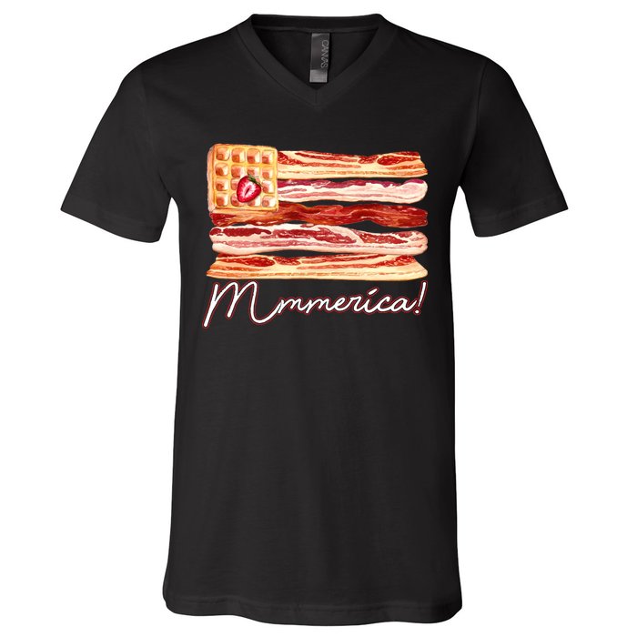 Mmmerica Bacon Waffle Merica Flag V-Neck T-Shirt