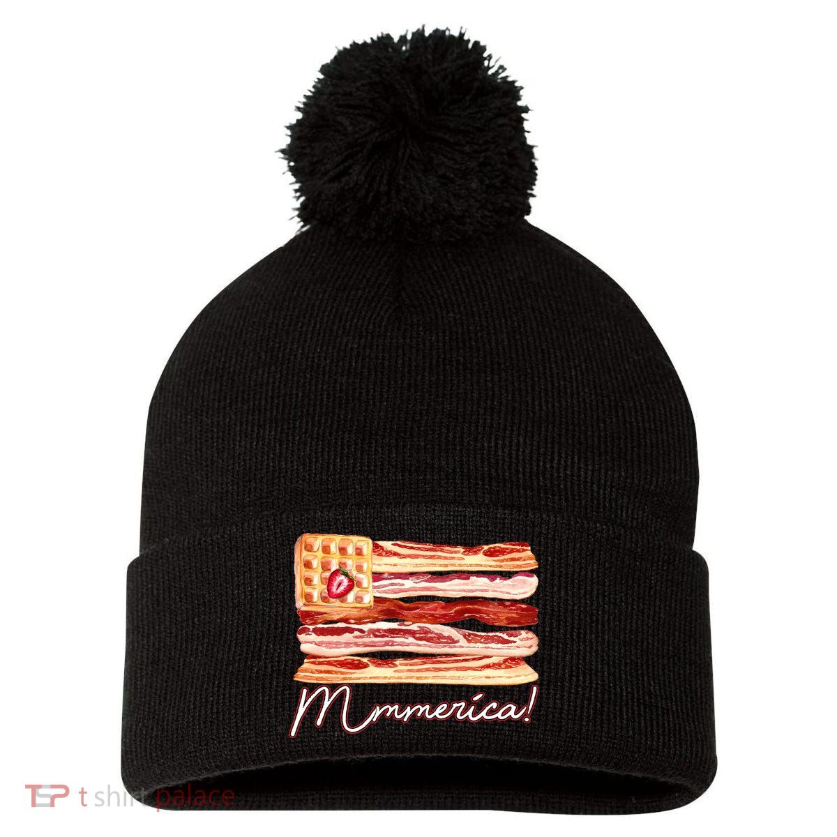 Mmmerica Bacon Waffle Merica Flag Pom Pom 12in Knit Beanie