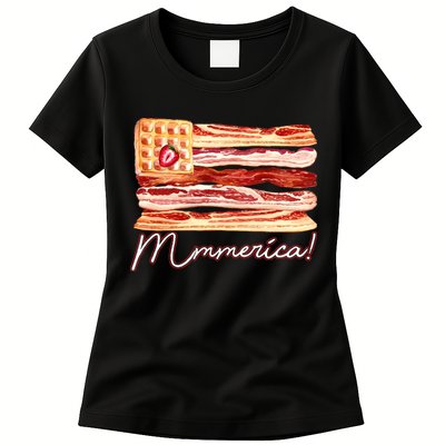 Mmmerica Bacon Waffle Merica Flag Womens T-Shirt