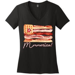 Mmmerica Bacon Waffle Merica Flag Women's V-Neck T-Shirt