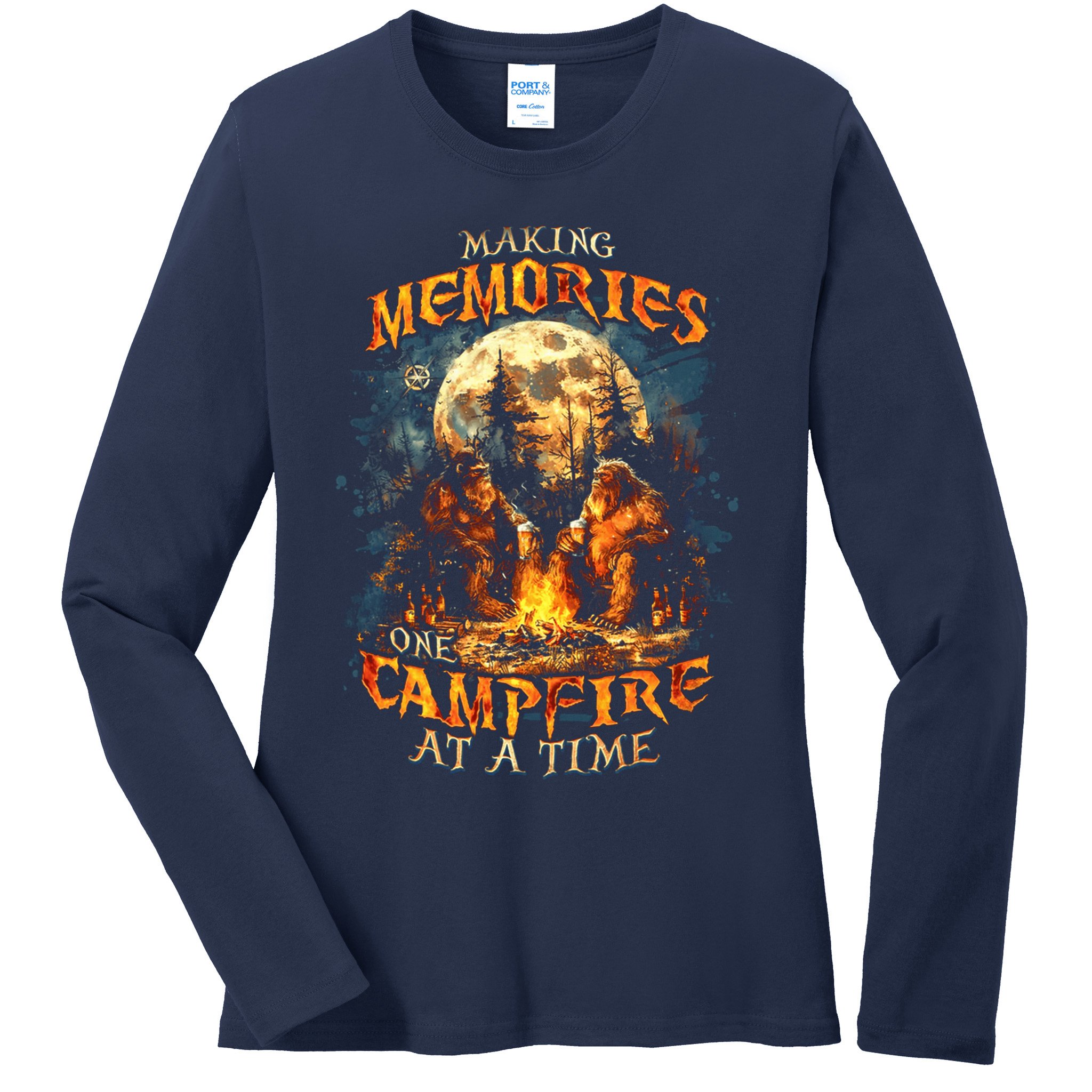 Making Memories One Campfire At A Time Bigfoot Camping Ladies Long Sleeve Shirt