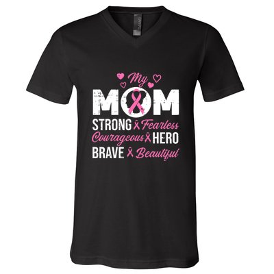 My Mom Pink Ribbon Warrior Inspirational Breast Cancer V-Neck T-Shirt