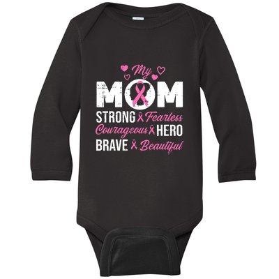 My Mom Pink Ribbon Warrior Inspirational Breast Cancer Baby Long Sleeve Bodysuit