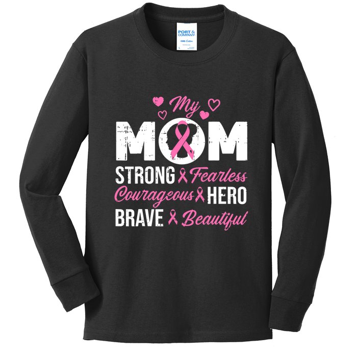 My Mom Pink Ribbon Warrior Inspirational Breast Cancer Kids Long Sleeve Shirt