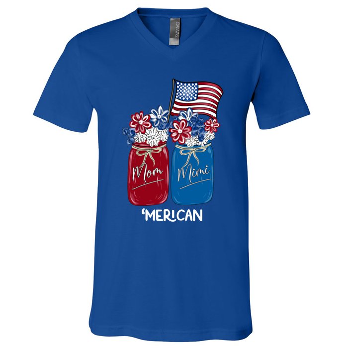 Mom Mimi Patriotic Flower American Flag Memorial Day Gift V-Neck T-Shirt