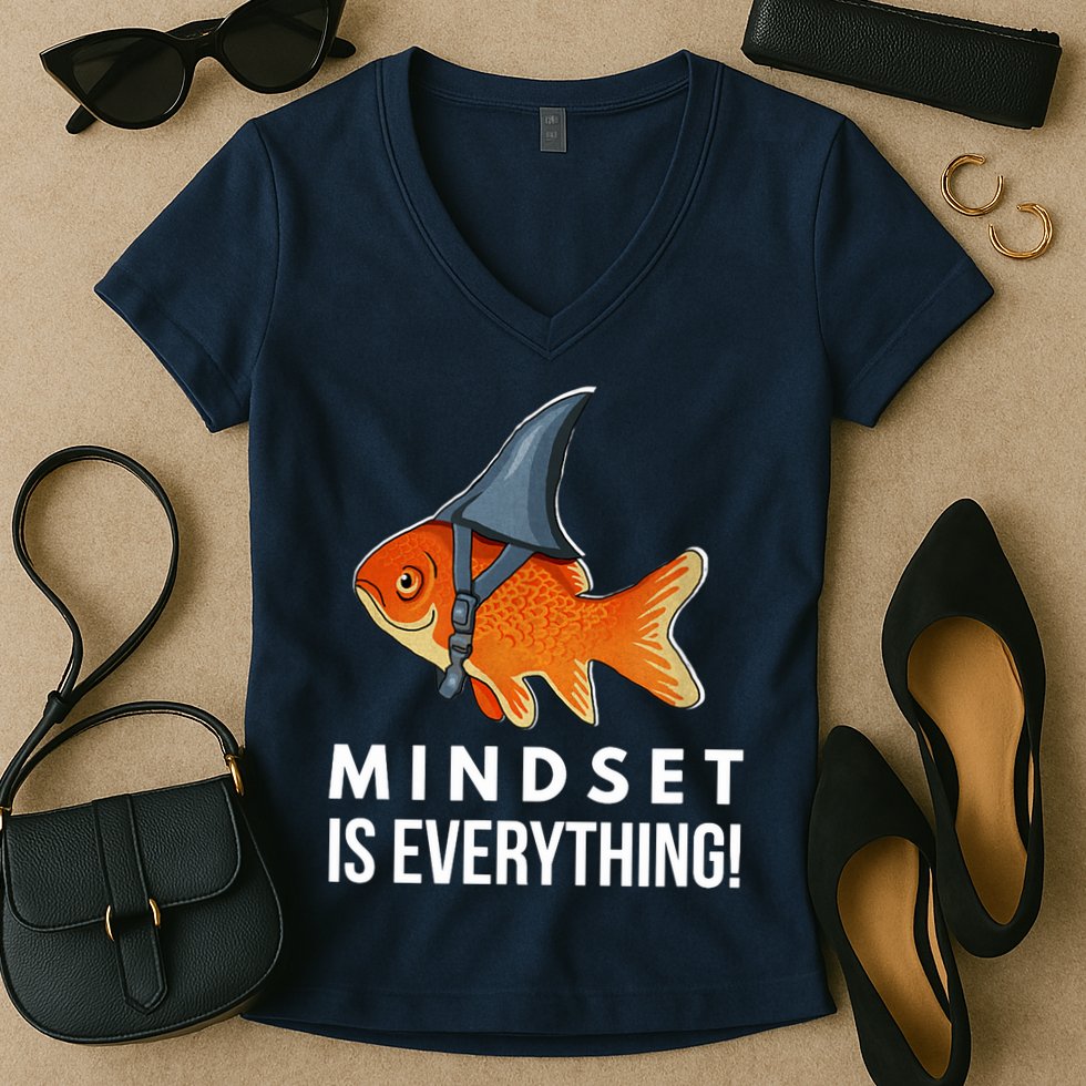 Mindset Motivational Quote Cute Goldfish Shark Fish Women's V-Neck T-Shirt