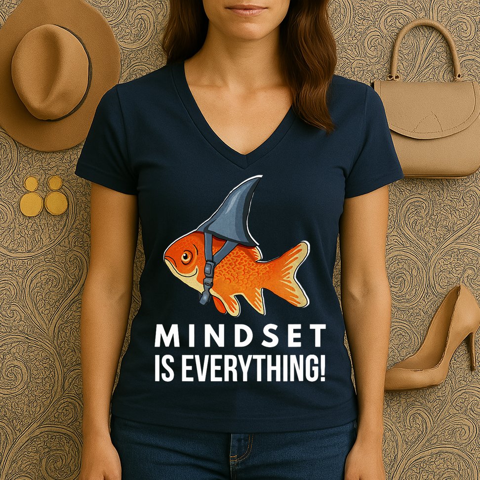 Mindset Motivational Quote Cute Goldfish Shark Fish Women's V-Neck T-Shirt