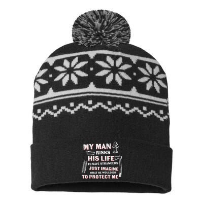 My Man Risks His Life Firefighter Wife Friend USA-Made Snowflake Beanie