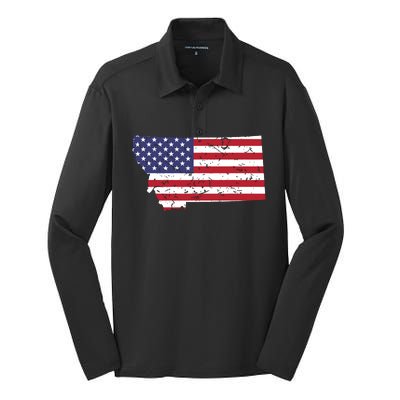 Montana Map State American Flag 4th Silk Touch Performance Long Sleeve Polo