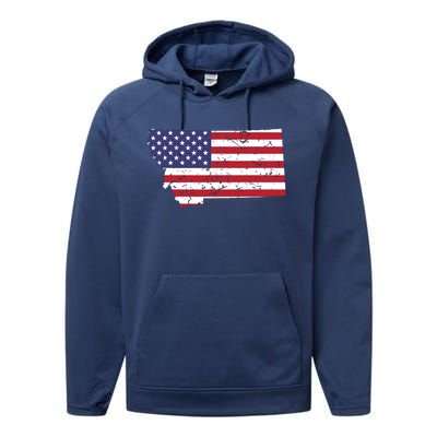 Montana Map State American Flag 4th Performance Fleece Hoodie