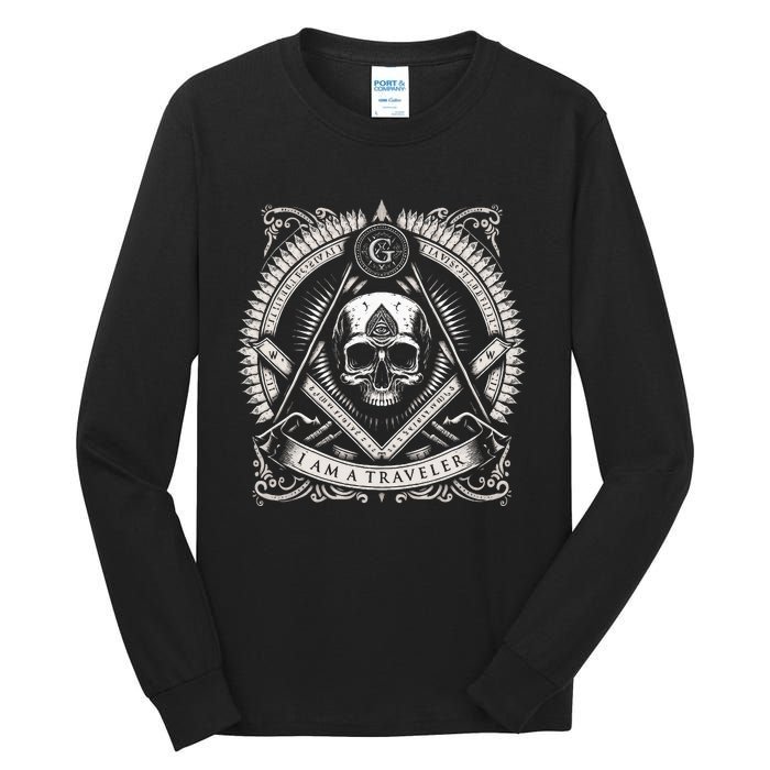 Master Mason Skull Square And Compass Freemason Masonic Tall Long Sleeve T-Shirt