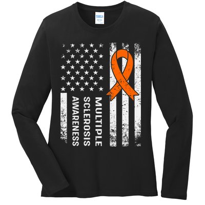 MS Multiple Sclerosis Awareness Orange Ribbon Ladies Long Sleeve Shirt