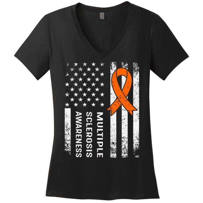 MS Multiple Sclerosis Awareness Orange Ribbon Women's V-Neck T-Shirt