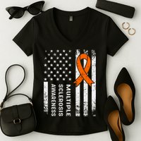 MS Multiple Sclerosis Awareness Orange Ribbon Women's V-Neck T-Shirt