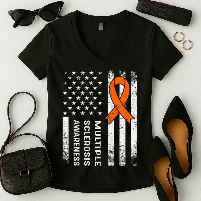MS Multiple Sclerosis Awareness Orange Ribbon Women's V-Neck T-Shirt
