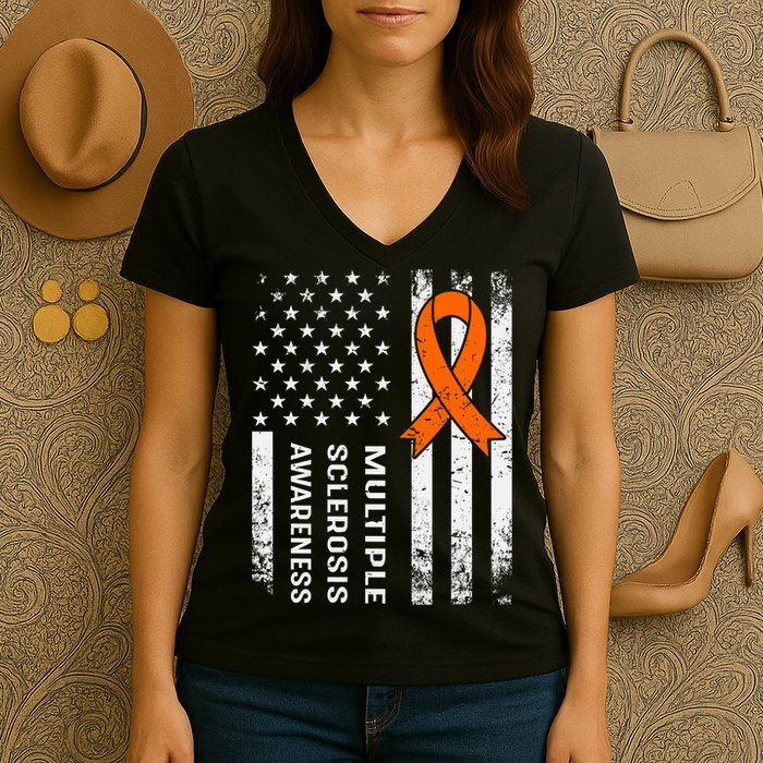 MS Multiple Sclerosis Awareness Orange Ribbon Women's V-Neck T-Shirt