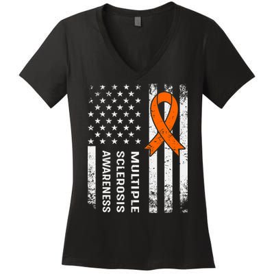 MS Multiple Sclerosis Awareness Orange Ribbon Women's V-Neck T-Shirt