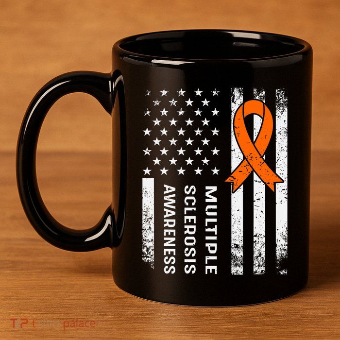 MS Multiple Sclerosis Awareness Orange Ribbon 11oz C Handle Ceramic Mug