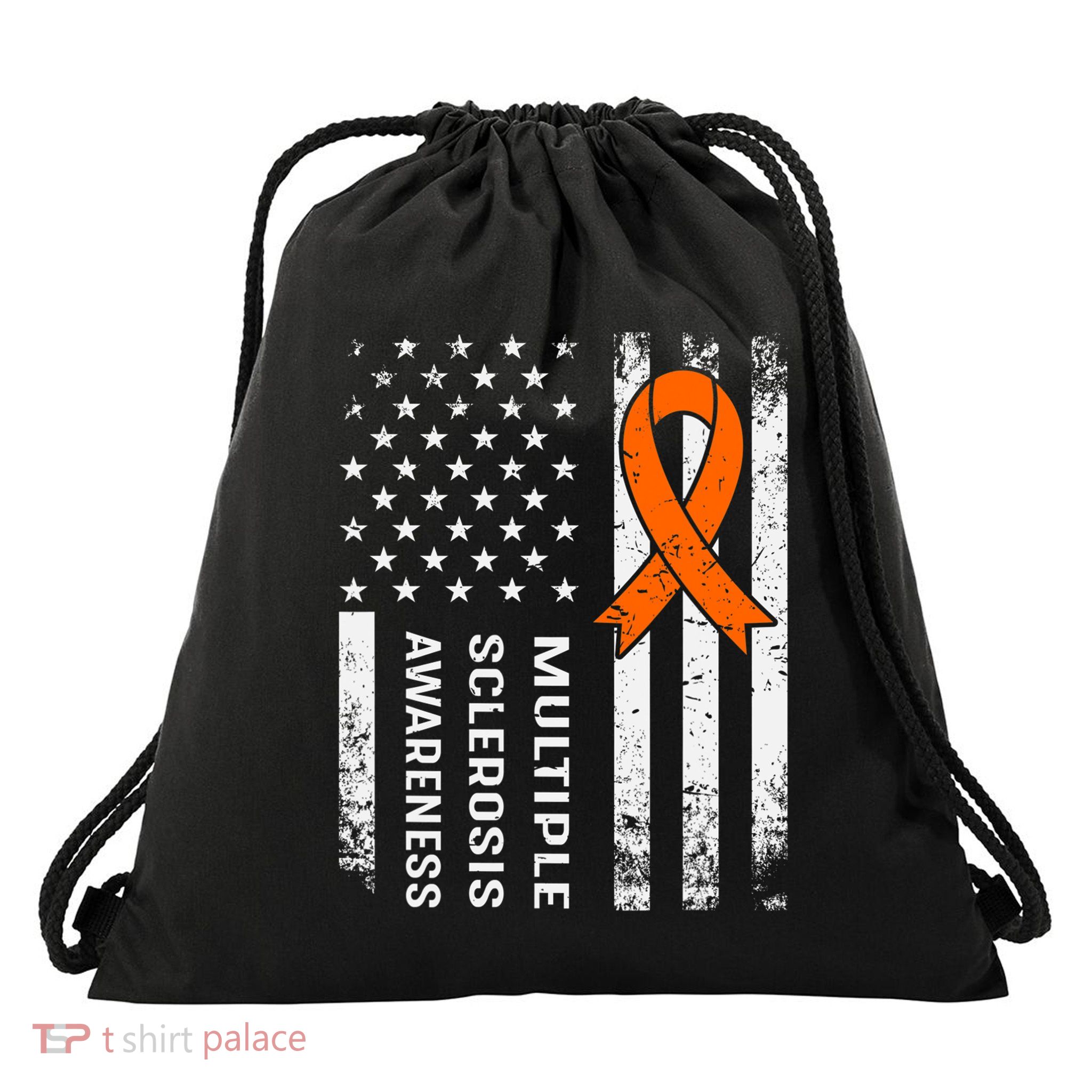 MS Multiple Sclerosis Awareness Orange Ribbon Drawstring Bag