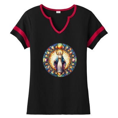 Mother Mary Stained Glass Collection: Mother Of God Jesus Christ Catholic Ladies Halftime Notch Neck Tee