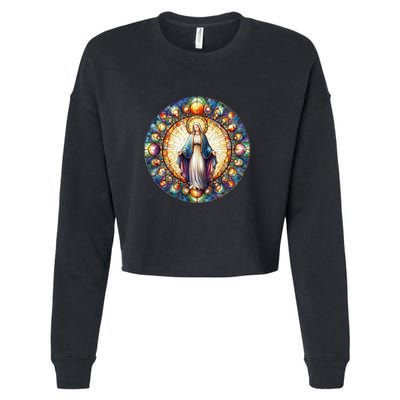 Mother Mary Stained Glass Collection: Mother Of God Jesus Christ Catholic Cropped Pullover Crew