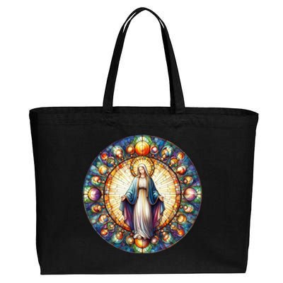 Mother Mary Stained Glass Collection: Mother Of God Jesus Christ Catholic Cotton Canvas Jumbo Tote