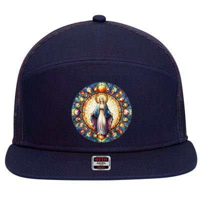 Mother Mary Stained Glass Collection: Mother Of God Jesus Christ Catholic 7 Panel Mesh Trucker Snapback Hat