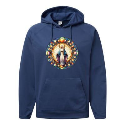 Mother Mary Stained Glass Collection: Mother Of God Jesus Christ Catholic Performance Fleece Hoodie