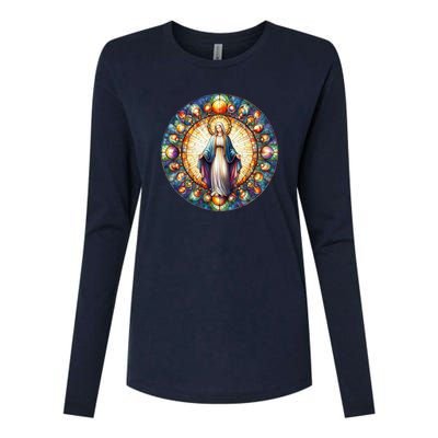 Mother Mary Stained Glass Collection: Mother Of God Jesus Christ Catholic Womens Cotton Relaxed Long Sleeve T-Shirt