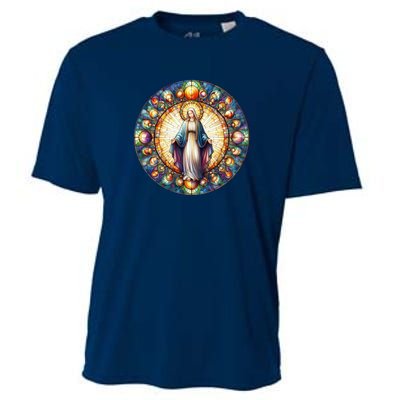 Mother Mary Stained Glass Collection: Mother Of God Jesus Christ Catholic Cooling Performance Crew T-Shirt