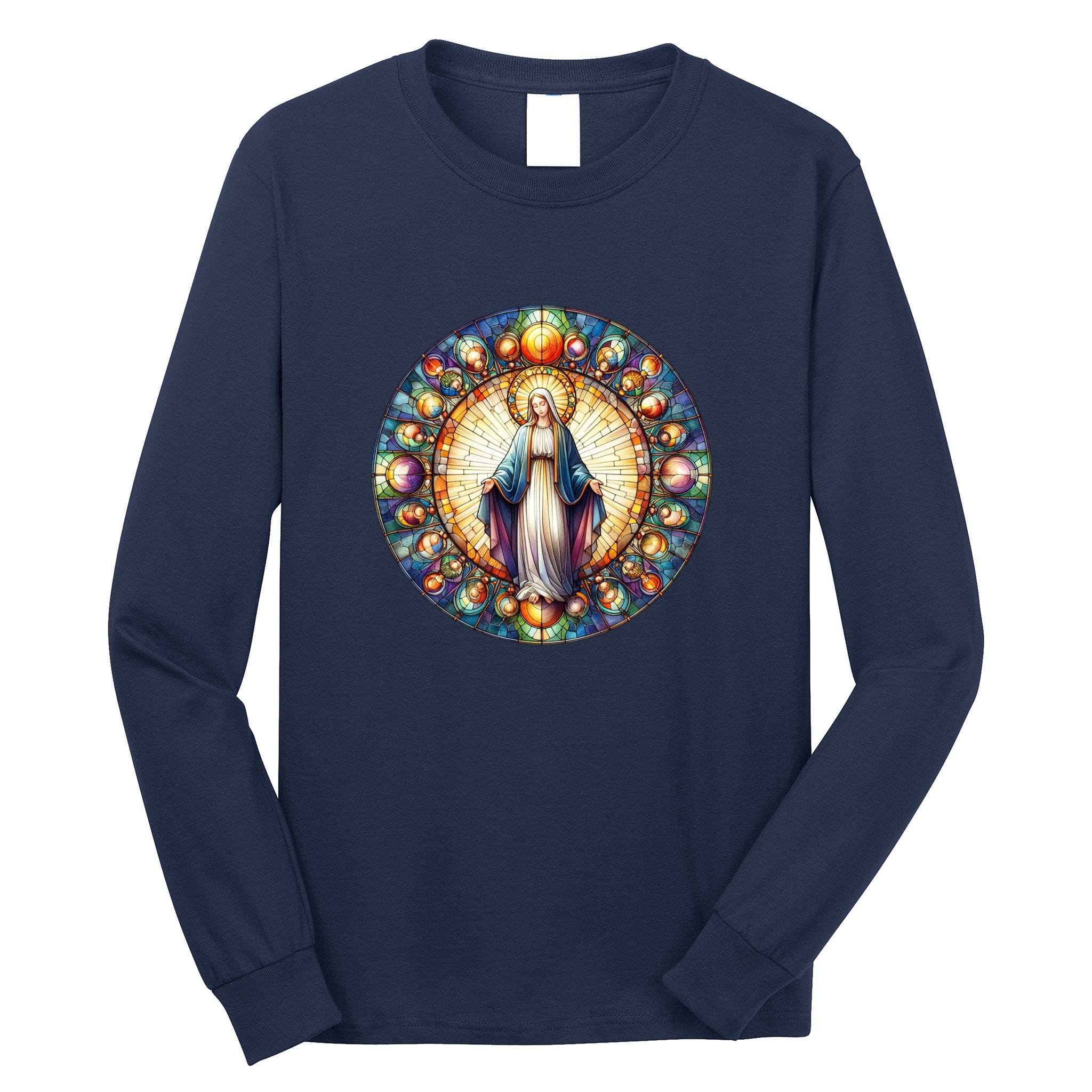 Mother Mary Stained Glass Collection: Mother Of God Jesus Christ Catholic Long Sleeve Shirt