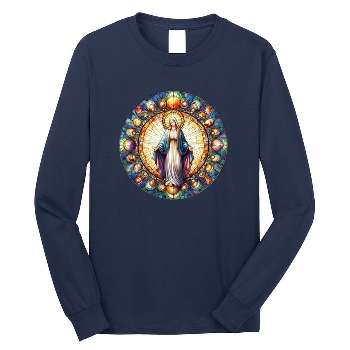 Mother Mary Stained Glass Collection: Mother Of God Jesus Christ Catholic Long Sleeve Shirt