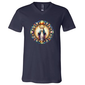 Mother Mary Stained Glass Collection: Mother Of God Jesus Christ Catholic V-Neck T-Shirt