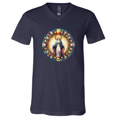 Mother Mary Stained Glass Collection: Mother Of God Jesus Christ Catholic V-Neck T-Shirt