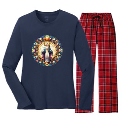 Mother Mary Stained Glass Collection: Mother Of God Jesus Christ Catholic Women's Long Sleeve Flannel Pajama Set 