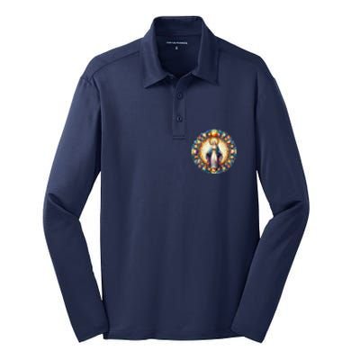 Mother Mary Stained Glass Collection: Mother Of God Jesus Christ Catholic Silk Touch Performance Long Sleeve Polo