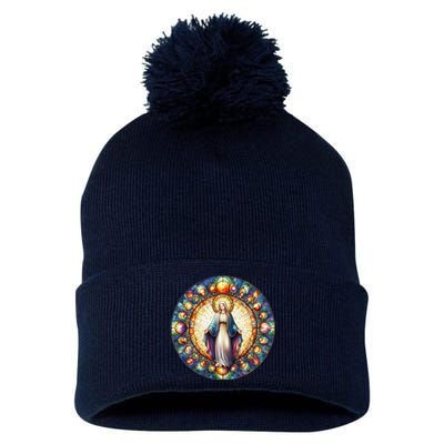 Mother Mary Stained Glass Collection: Mother Of God Jesus Christ Catholic Pom Pom 12in Knit Beanie