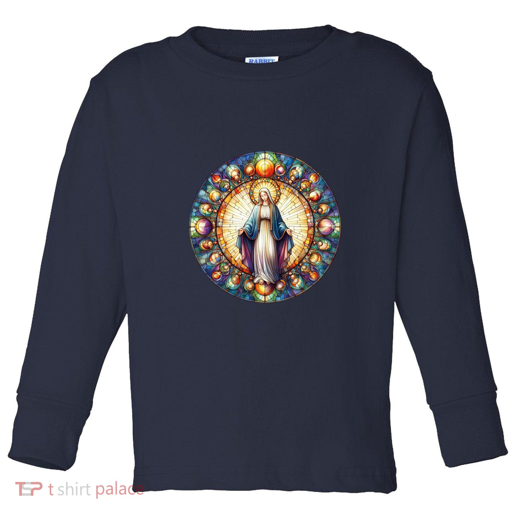 Mother Mary Stained Glass Collection: Mother Of God Jesus Christ Catholic Toddler Long Sleeve Shirt