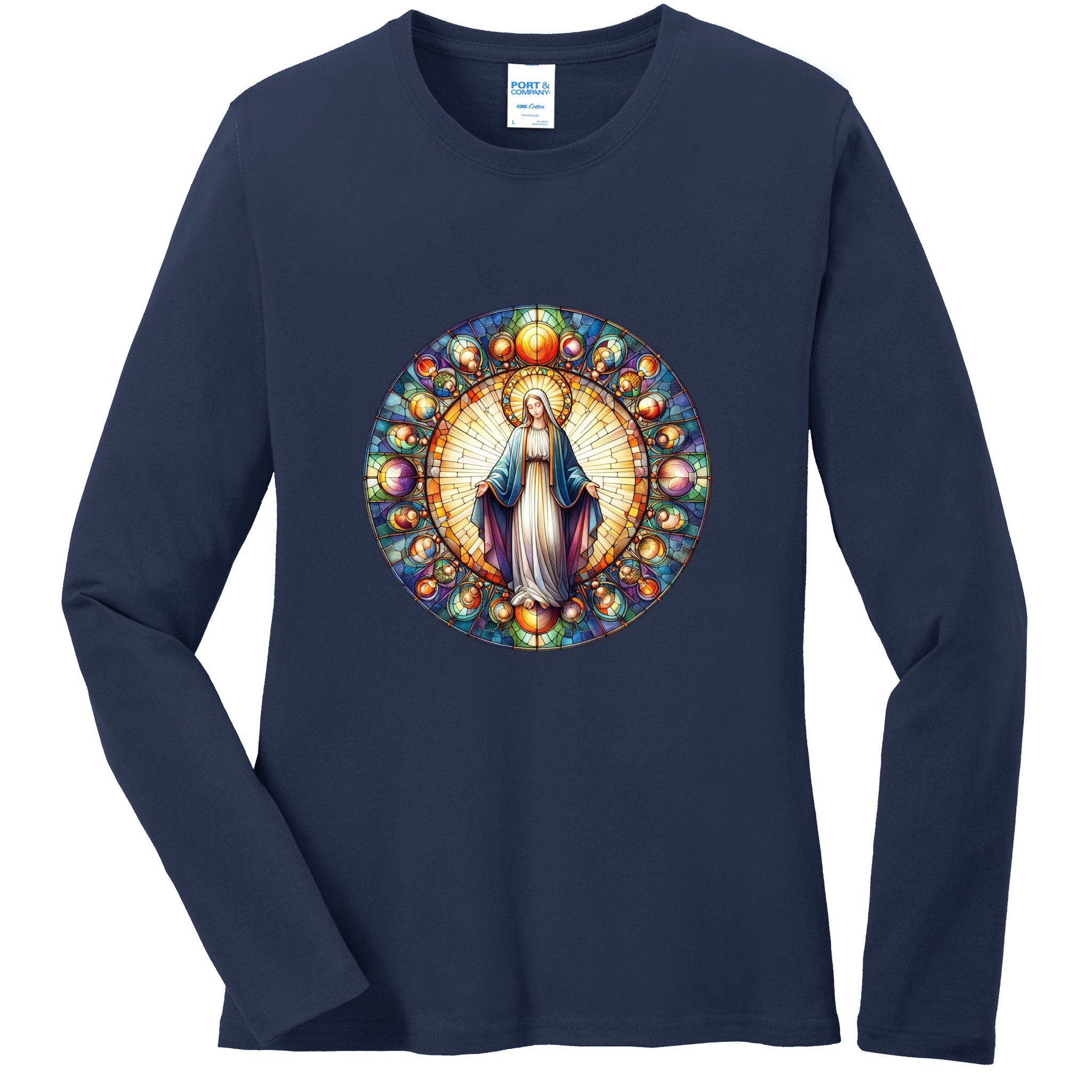 Mother Mary Stained Glass Collection: Mother Of God Jesus Christ Catholic Ladies Long Sleeve Shirt