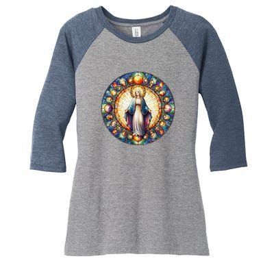 Mother Mary Stained Glass Collection: Mother Of God Jesus Christ Catholic Women's Tri-Blend 3/4-Sleeve Raglan Shirt