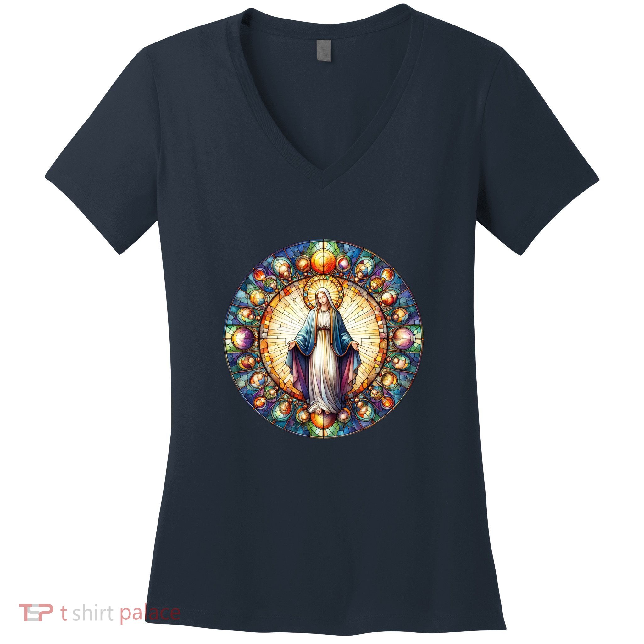 Mother Mary Stained Glass Collection: Mother Of God Jesus Christ Catholic Women's V-Neck T-Shirt