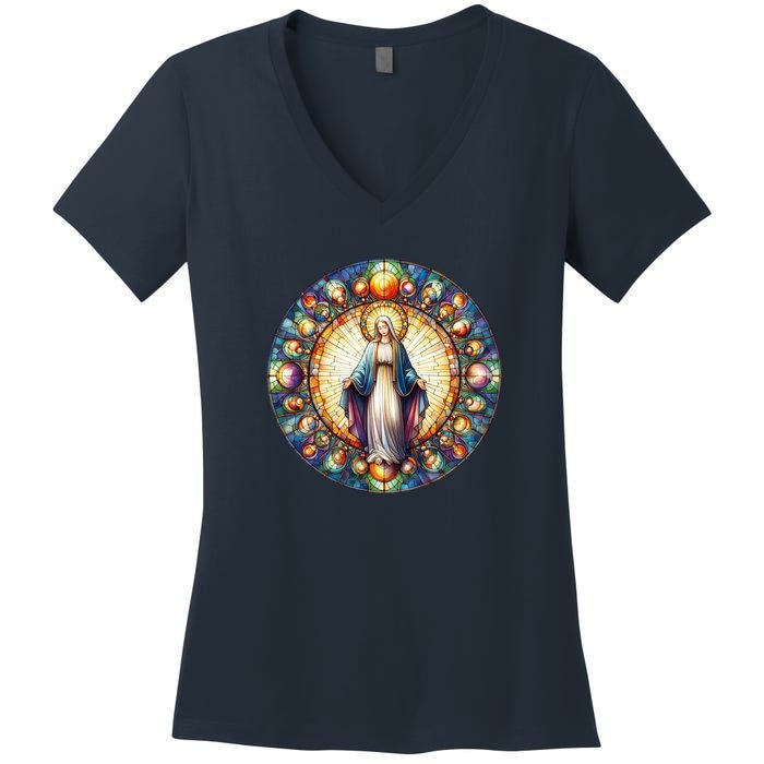 Mother Mary Stained Glass Collection: Mother Of God Jesus Christ Catholic Women's V-Neck T-Shirt