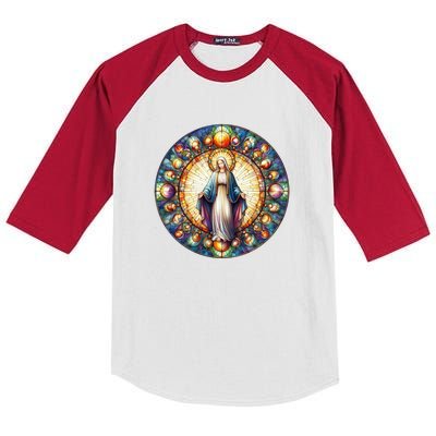 Mother Mary Stained Glass Collection: Mother Of God Jesus Christ Catholic Kids Colorblock Raglan Jersey