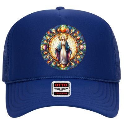 Mother Mary Stained Glass Collection: Mother Of God Jesus Christ Catholic High Crown Mesh Back Trucker Hat