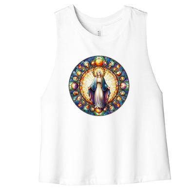 Mother Mary Stained Glass Collection: Mother Of God Jesus Christ Catholic Women's Racerback Cropped Tank