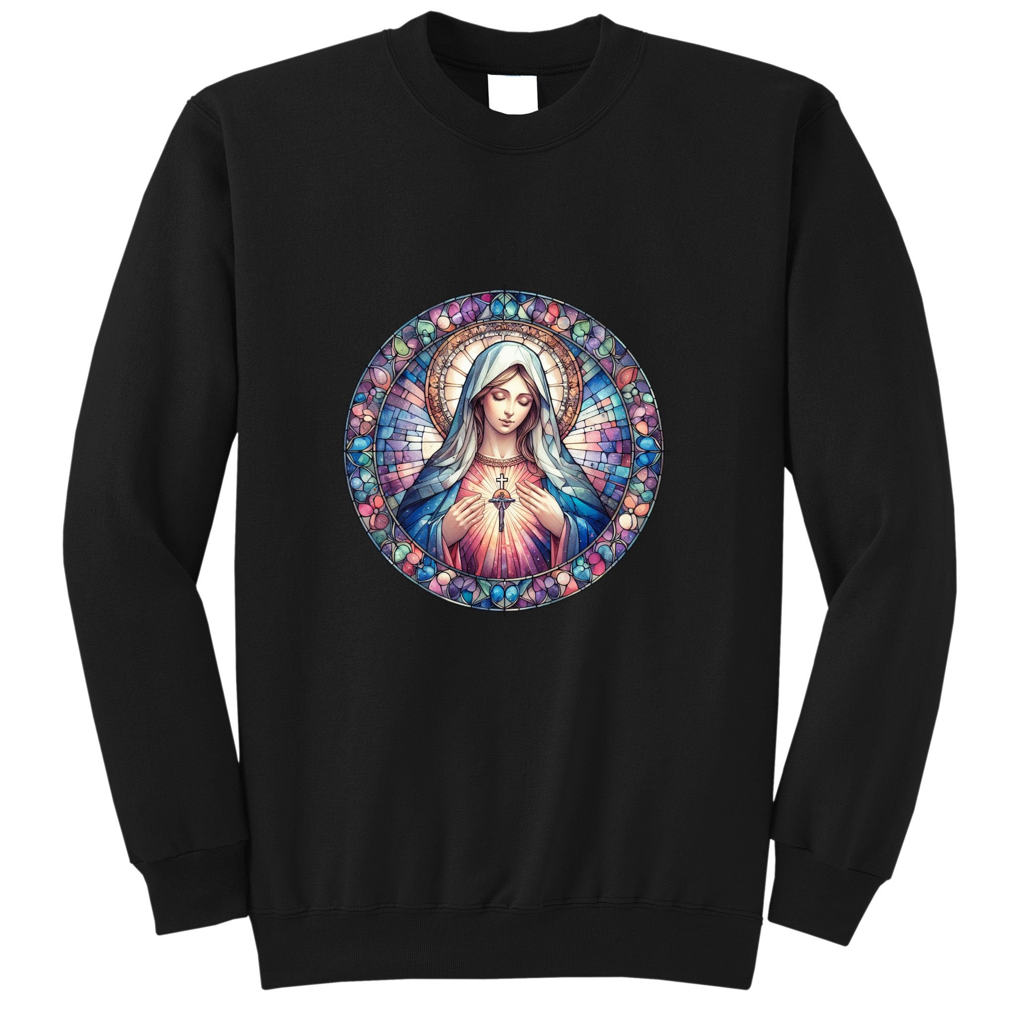 Mother Mary Stained Glass Collection: Heart God Jesus Christ Cross Catholic Sweatshirt