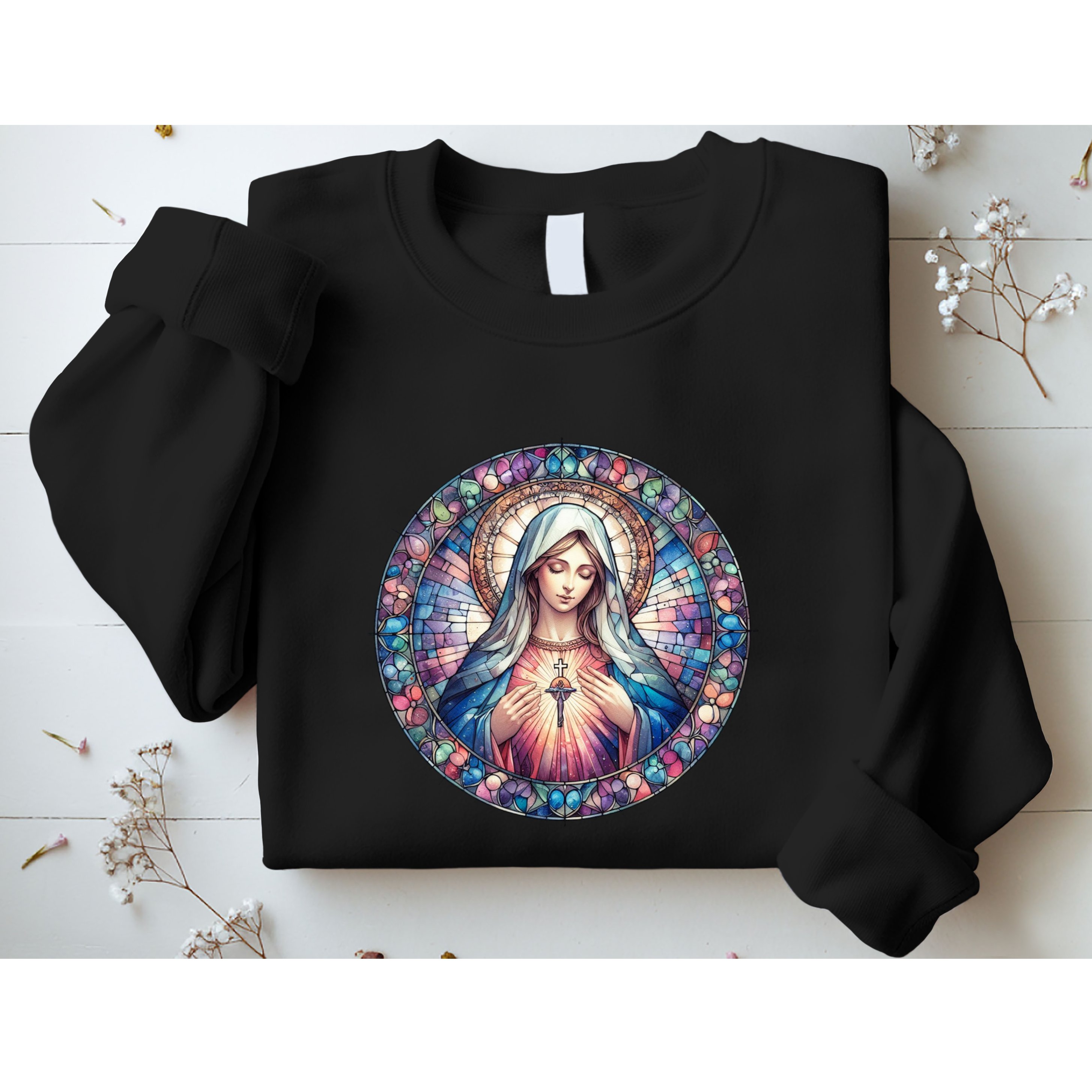 Mother Mary Stained Glass Collection: Heart God Jesus Christ Cross Catholic Sweatshirt