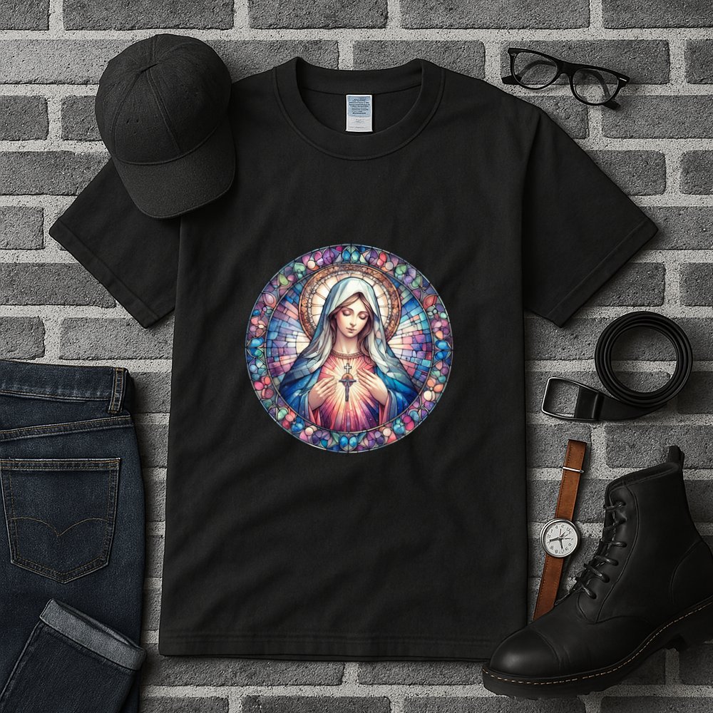 Mother Mary Stained Glass Collection: Heart God Jesus Christ Cross Catholic Tall T-Shirt