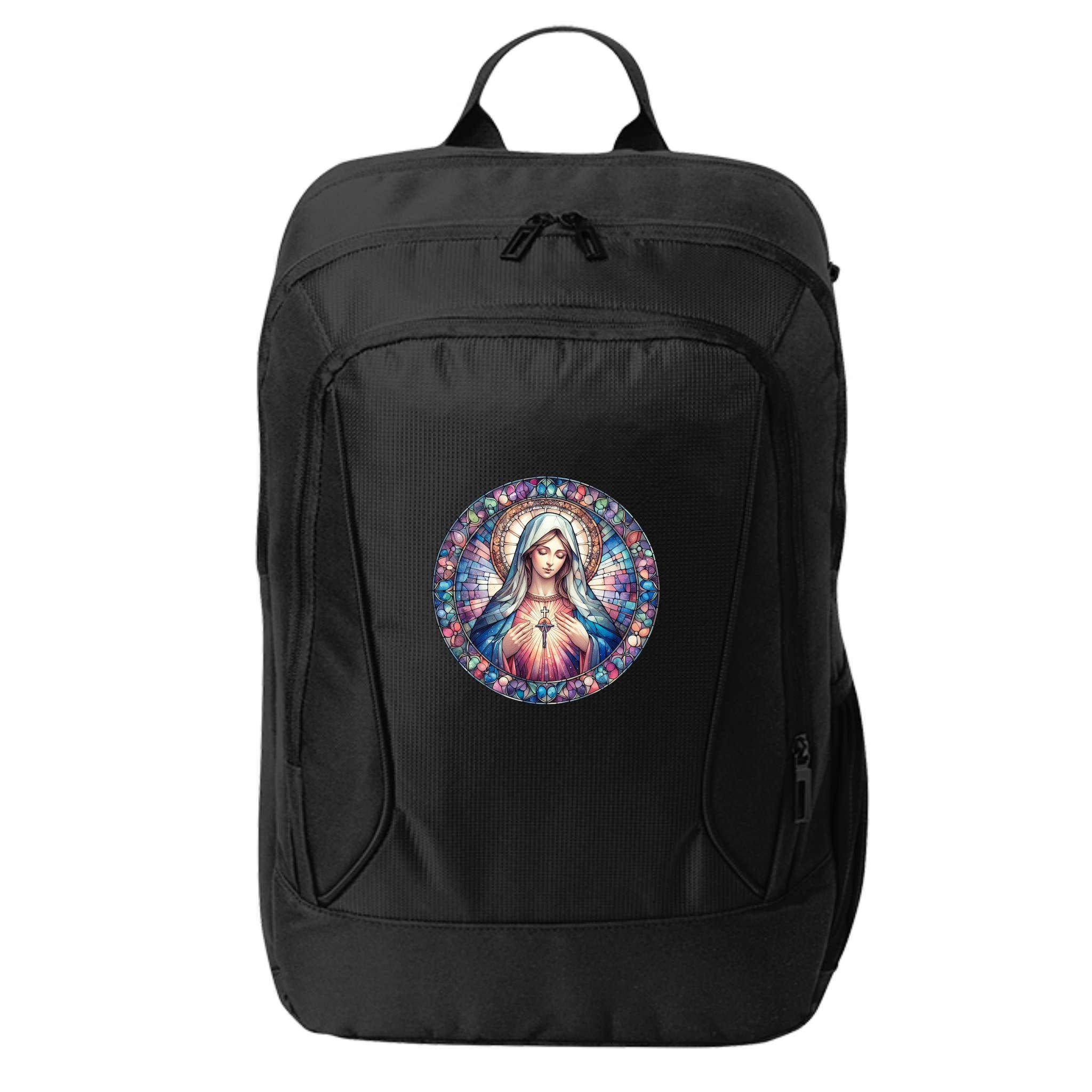 Mother Mary Stained Glass Collection: Heart God Jesus Christ Cross Catholic City Backpack