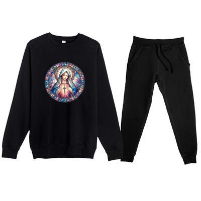 Mother Mary Stained Glass Collection: Heart God Jesus Christ Cross Catholic Premium Crewneck Sweatsuit Set